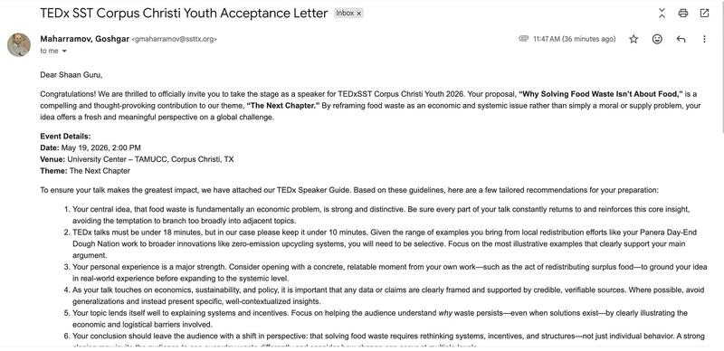TEDxSST Corpus Christi Youth speaker acceptance letter